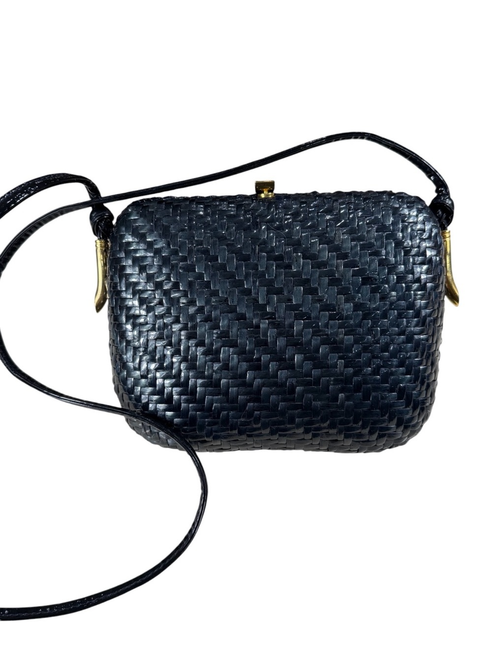 Rodo Vintage Woven Reed Crossbody Bag - Black With Brass Accents French